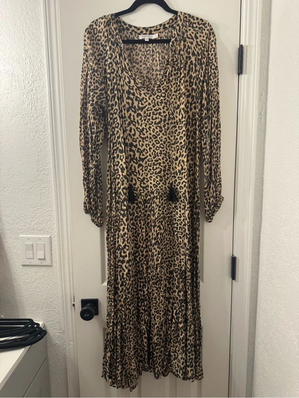 Leopard Print Maxi Dress with Tassel V-Neck - Tan & Black